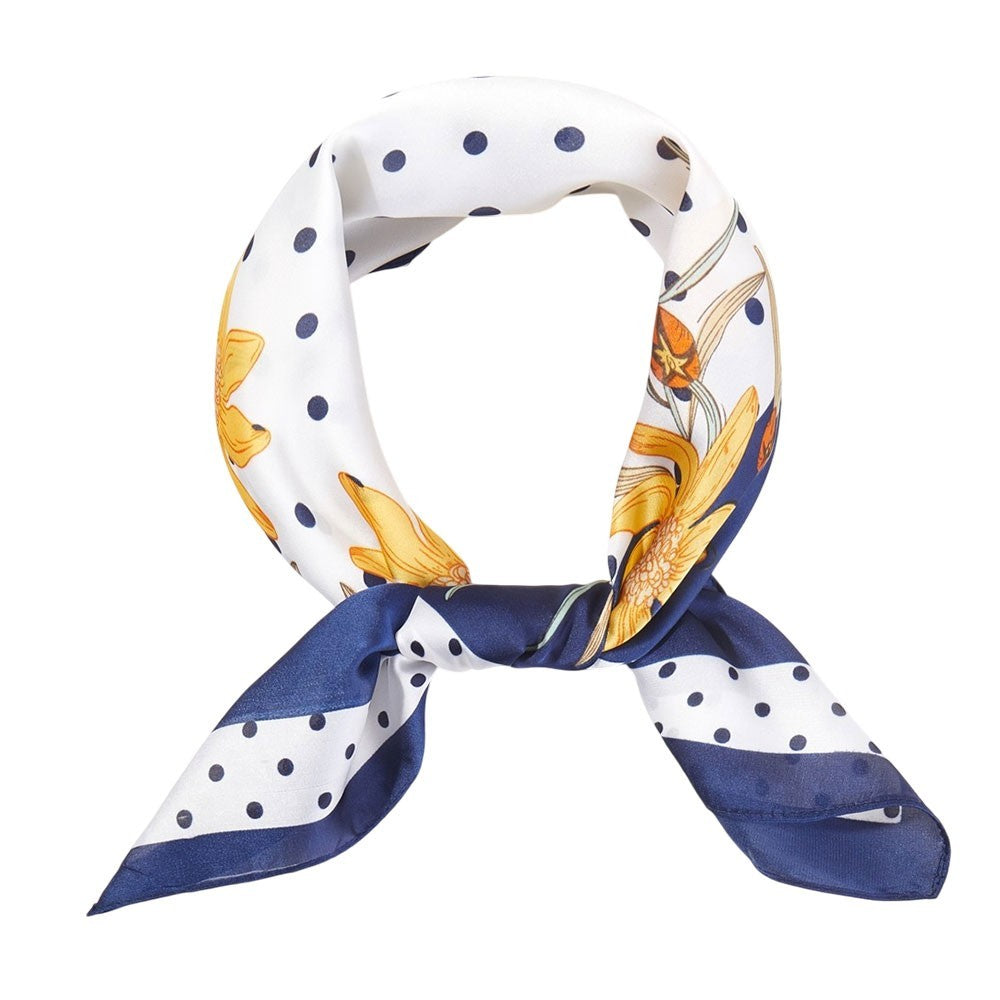 Dotted Daisy Flower Printed Square Satin Bandana Scarf for Women Navy & White
