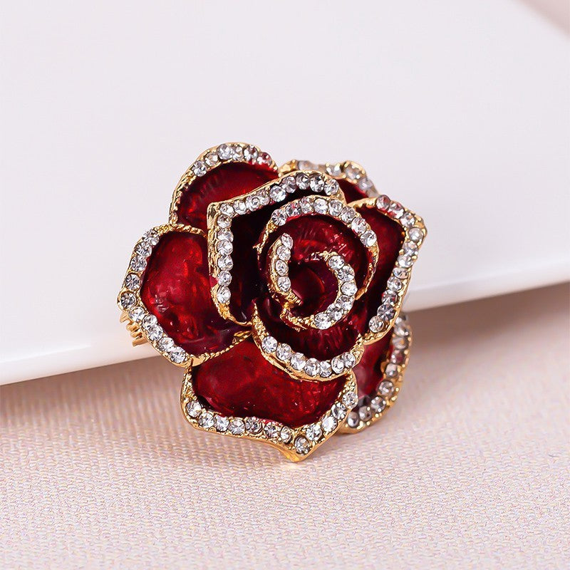 3pcs Rose Flower Brooch Set Red White Black Enamel Rhinestone Crystal Jewelry