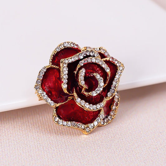 3pcs Rose Flower Brooch Set Red White Black Enamel Rhinestone Crystal Jewelry