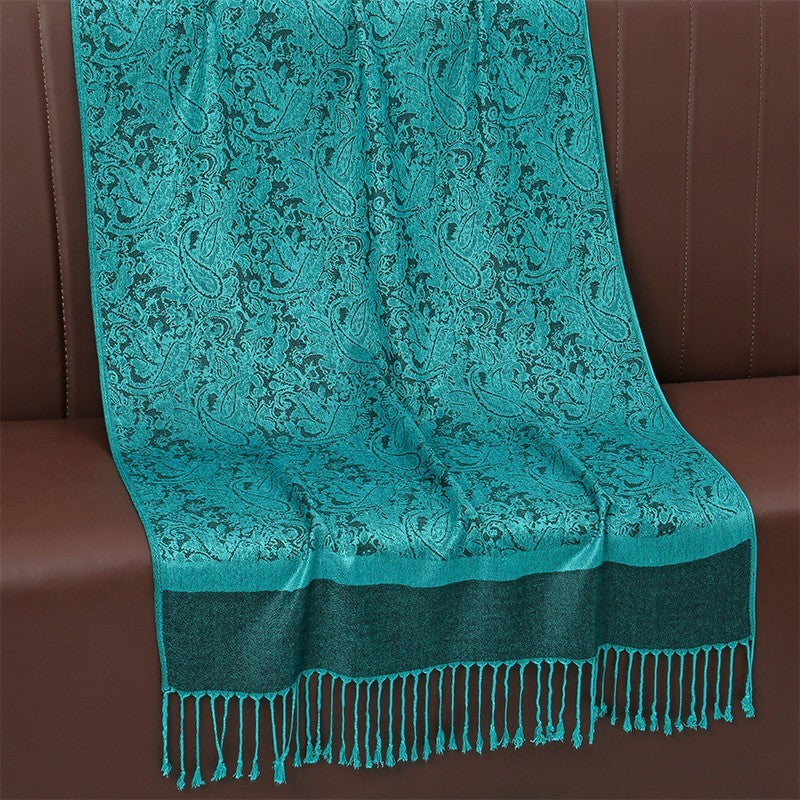 2pcs Pashmina Shawl Scarf Set Teal Blue Pale Yellow Paisley Floral Tassel Wrap