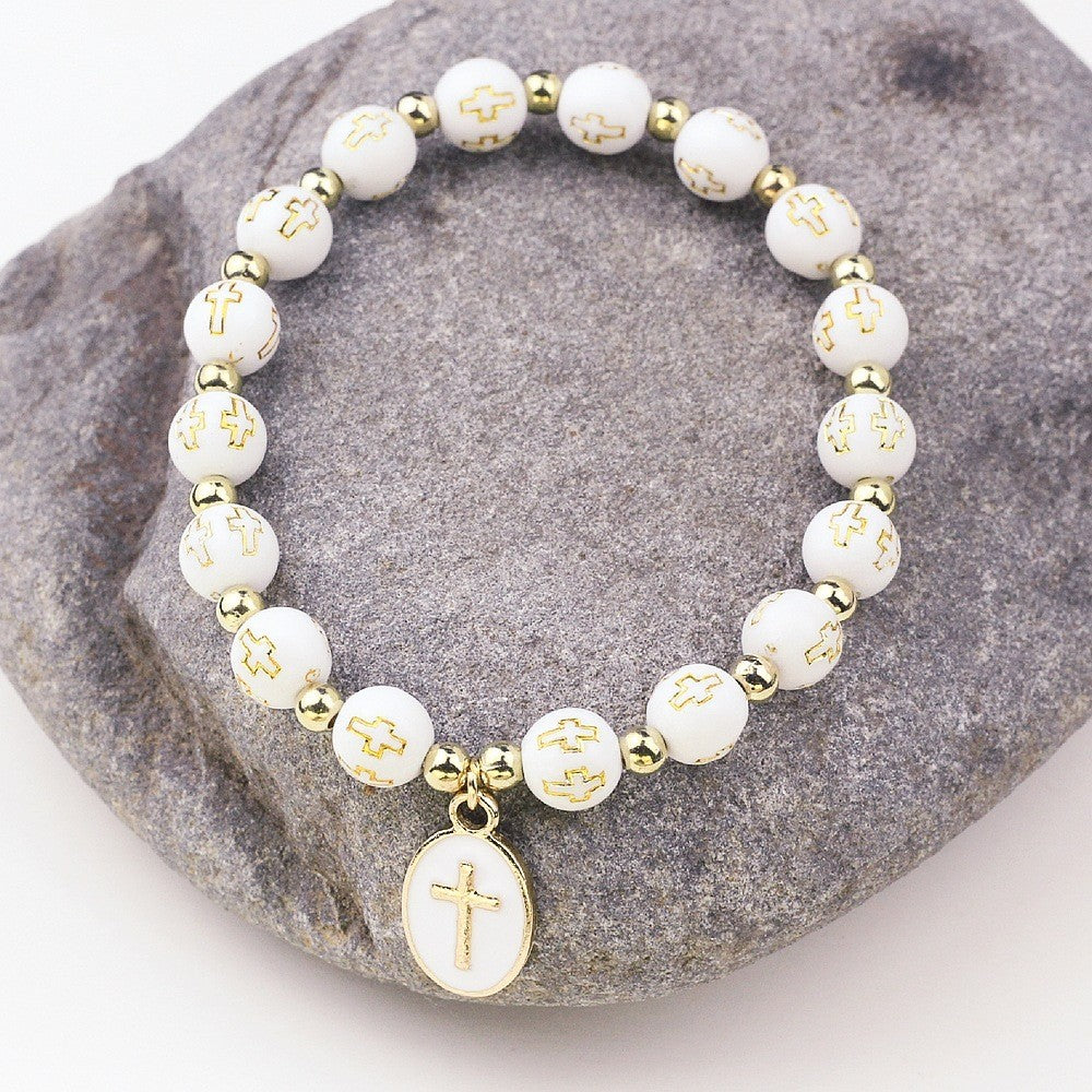 2pcs Religious Cross Bead Bracelet Gold Tone Christian Prayer Jewelry Set