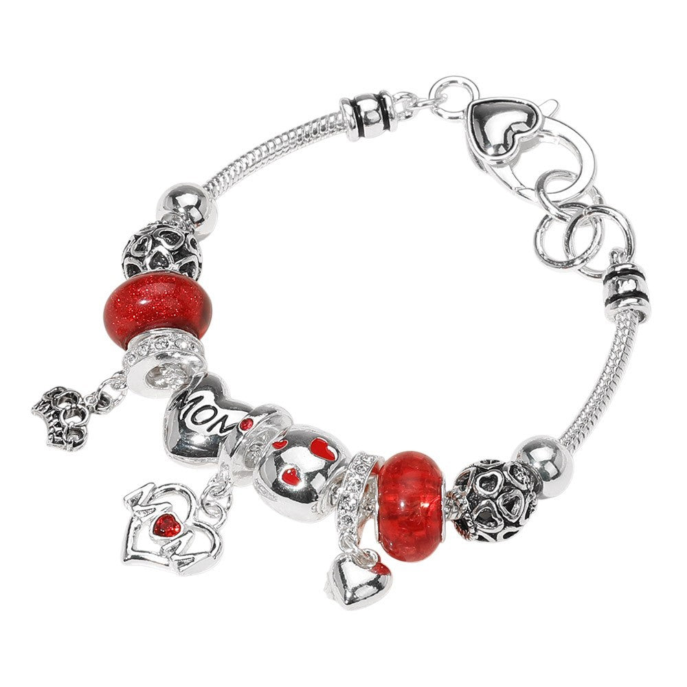 MOM Message Dangle Crown Heart Charm Ball Beaded Bracelet with Lobster Clasp