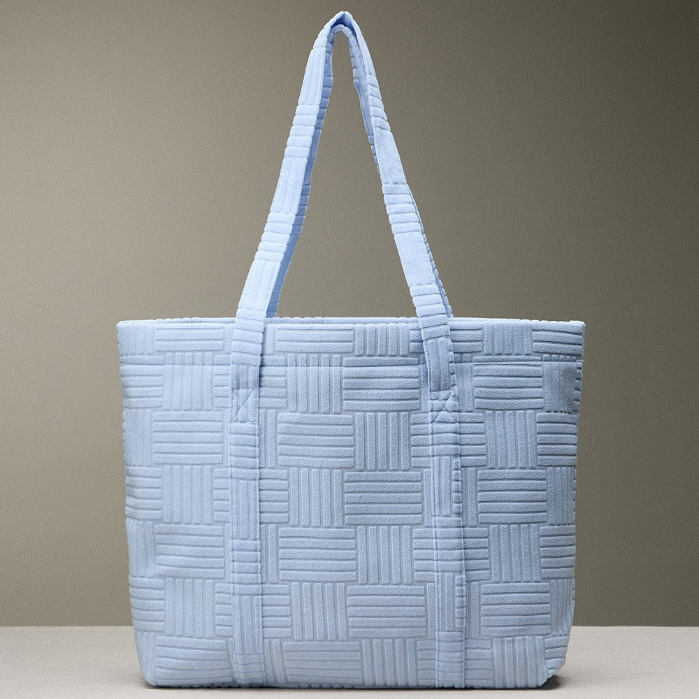 Womens Grid Pattern Everyday Tote Bag Light Blue 100% Polyester Double Handles
