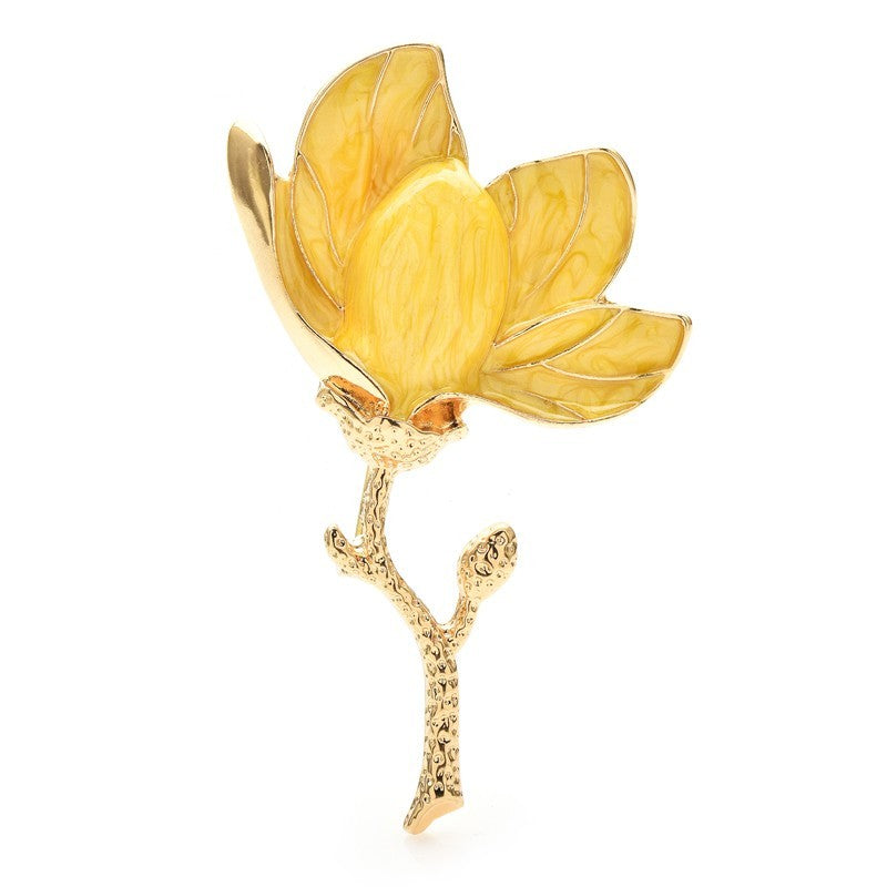 3pcs Enamel Flower Brooch Pin Set Magnolia Floral Gold Tone Jewelry for Women
