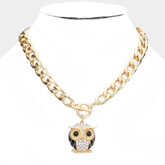 Glam Owl Statement Gold Tone Chunky Chain Toggle Necklace