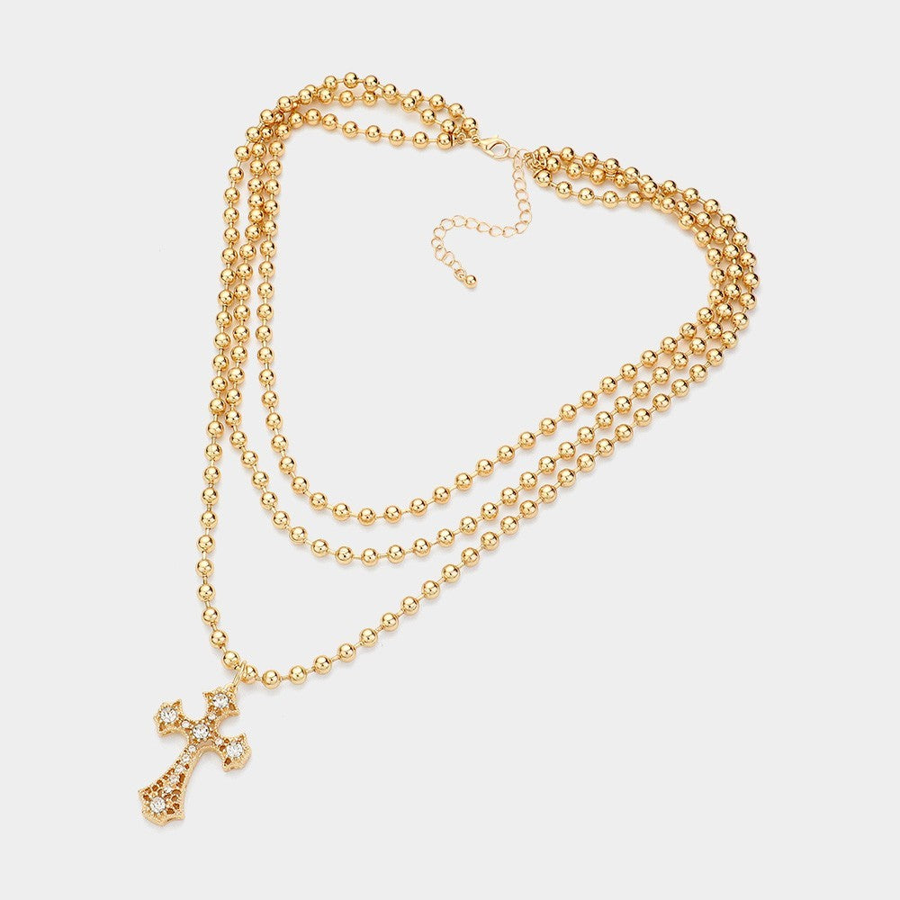 SECRET BOX_Stone Pointed Cross Pendant Bubble Chain Triple Layered Necklace