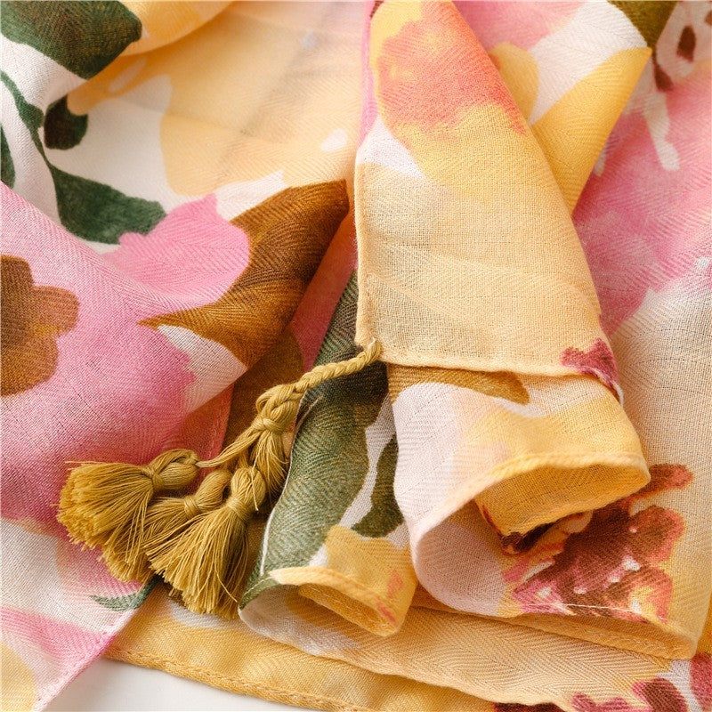 2pcs Floral Tassel Shawl Scarf Large Soft Spring Fashion Wrap Yellow Pink