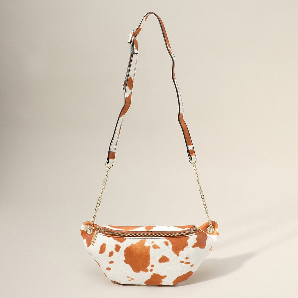 Cow Print Fanny Pack Crossbody Bag Brown White Adjustable Chain Strap