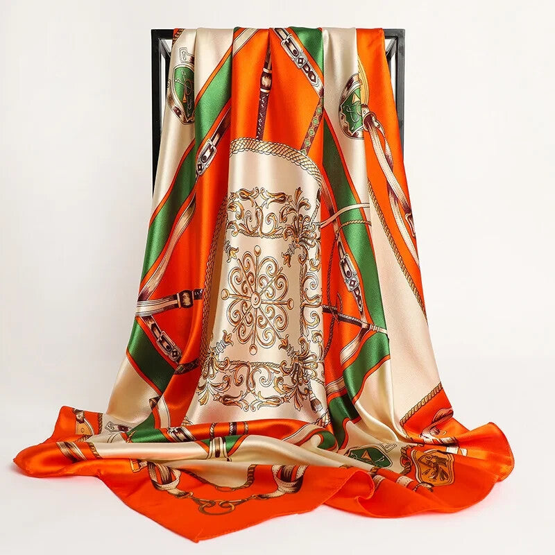 Luxury Printed Satin Square Silk Scarf for Women 35 Inch Hair Wrap Shawl Orange