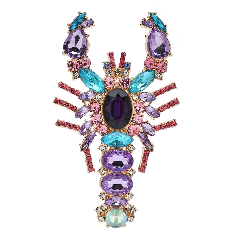 2pcs Green and Purple Crystal Lobster Brooch Set Sparkling Statement Jewelry