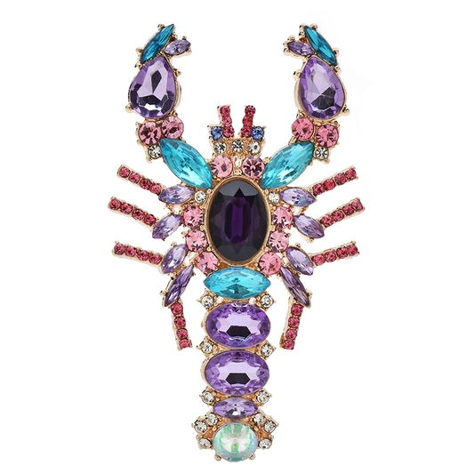 2pcs Green and Purple Crystal Lobster Brooch Set Sparkling Statement Jewelry