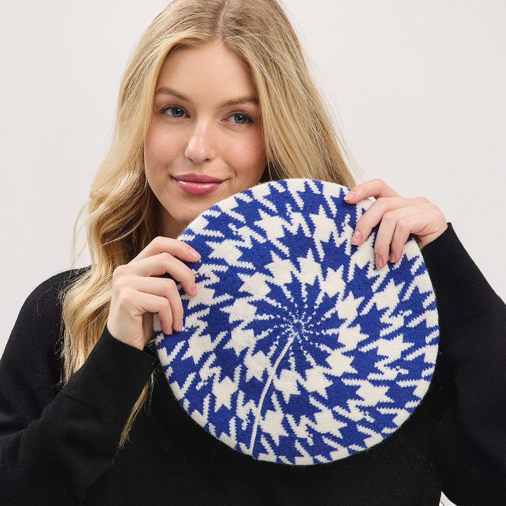 Classic Houndstooth Knit Beret Hat Women’s Winter Warm Stylish One Size