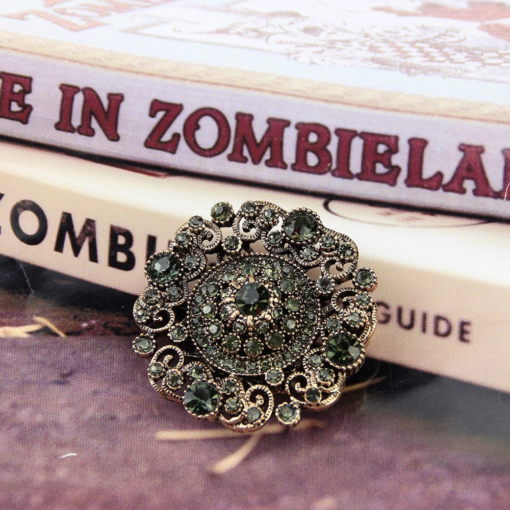 2PCS Antique Gold Dark Green Rhinestone Crystal Brooch Pin Set Vintage Style