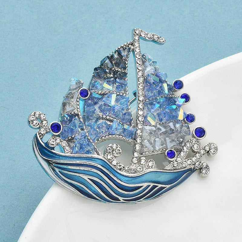 Blue Crystal Sailboat Brooch Enamel Nautical Ship Pin Marine Jewelry Gift