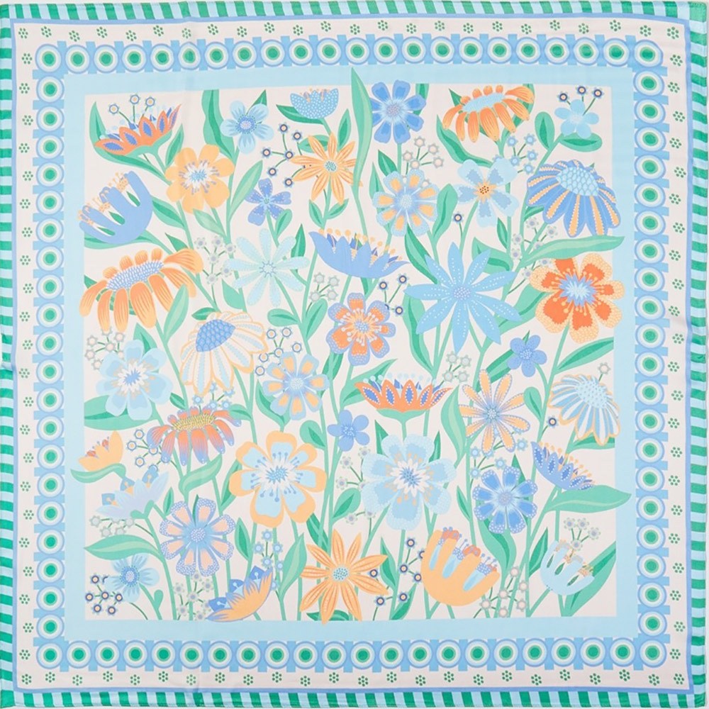 Whimsical Spring Floral Square Satin Scarf in Blue, Green, and Orange