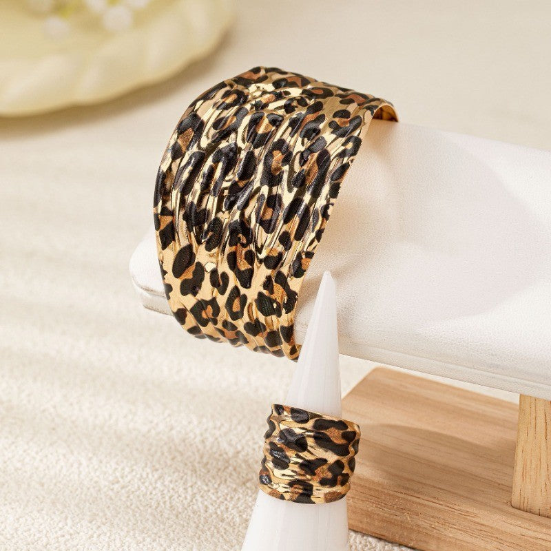 Gold Leopard Print Cuff Bracelet & Ring Set Boho Statement Jewelry