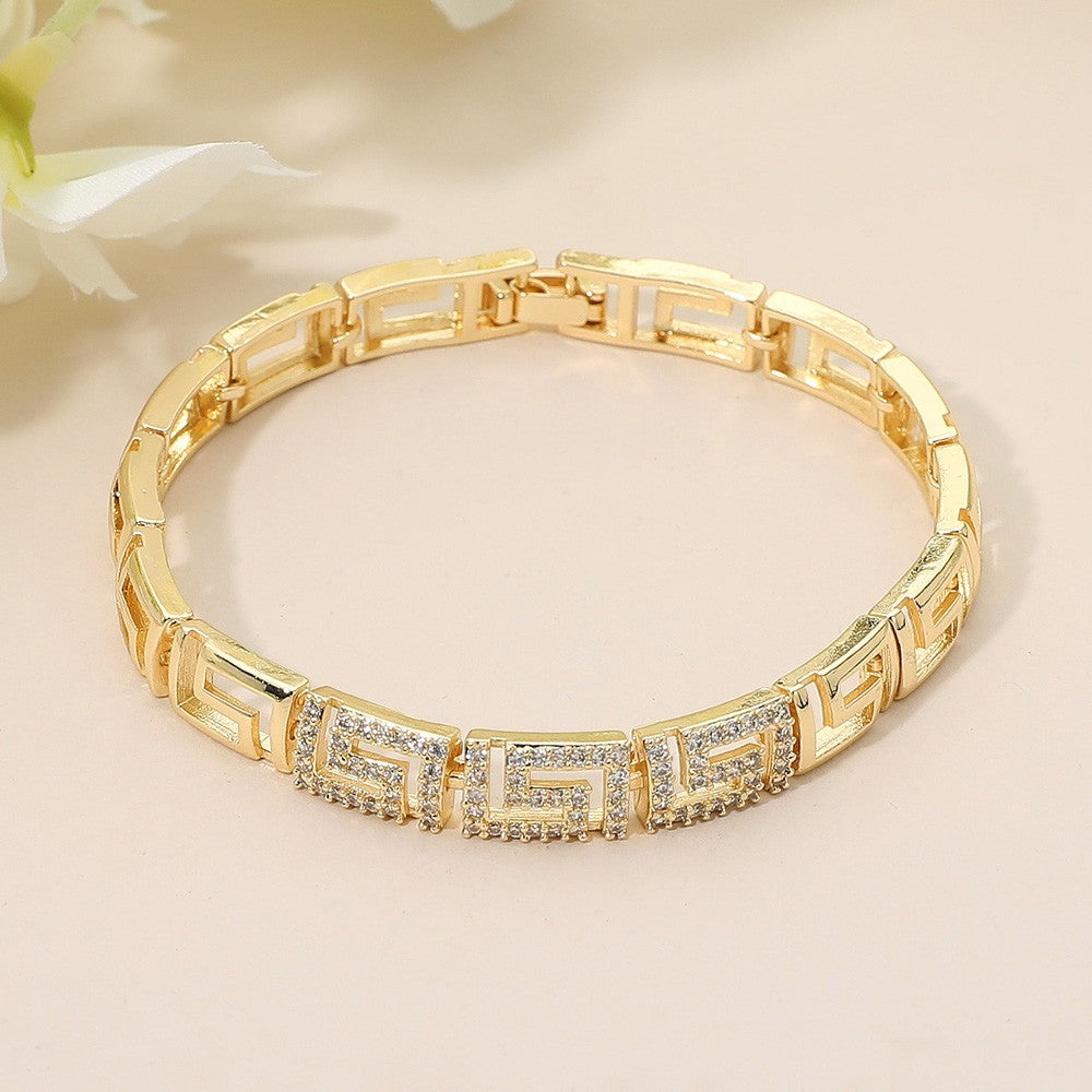 Gold Tone Greek Key Meander Geometric CZ Link Bracelet 7.25"