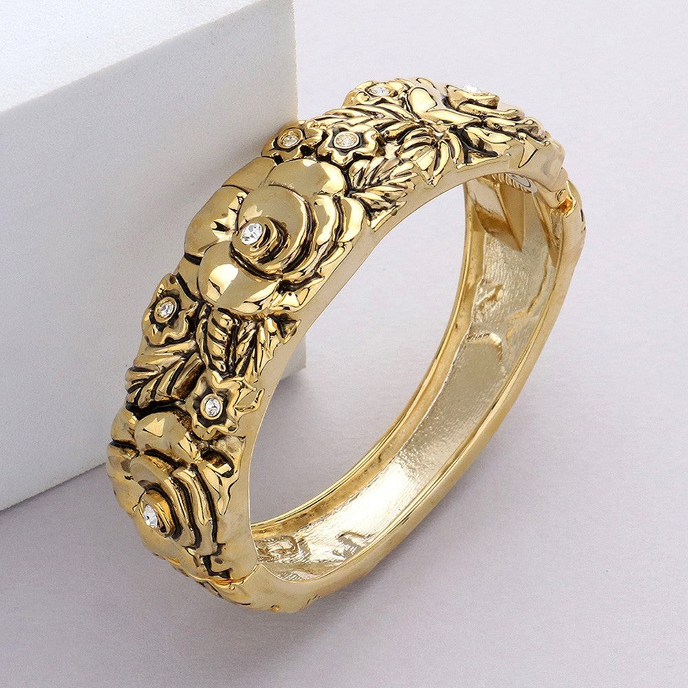 Gold Tone Rhinestone Rose Floral Hinged Bangle Bracelet Vintage Style Statement