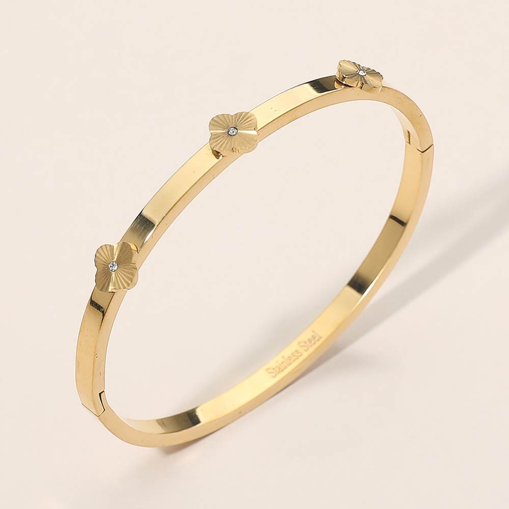 Gold Stainless Steel Clover Flower Hinge Bangle Bracelet Elegant Floral Jewelry