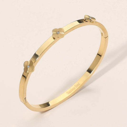 Gold Stainless Steel Clover Flower Hinge Bangle Bracelet Elegant Floral Jewelry