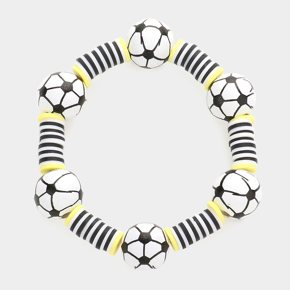 Black White Yellow Soccer Ball Beaded Stretch Bracelet Team Spirit Jewelry