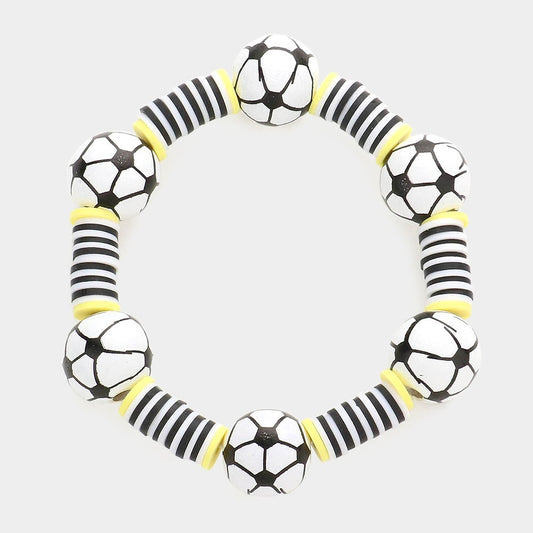 Black White Yellow Soccer Ball Beaded Stretch Bracelet Team Spirit Jewelry