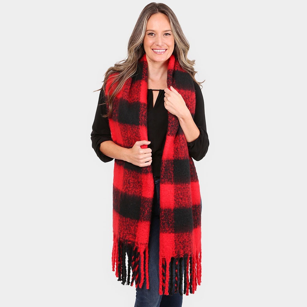 Super Soft Plaid Check Patterned Tassel Fringed Oblong Scarf for Women Red Black