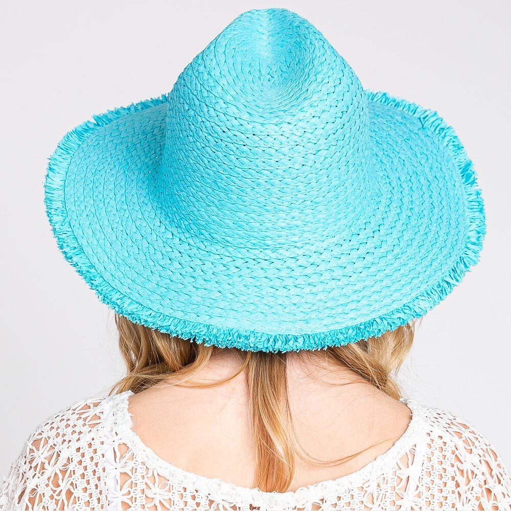Women’s Frayed  Straw Sun Hat Wide Brim Packable Adjustable Beach Hat Blue