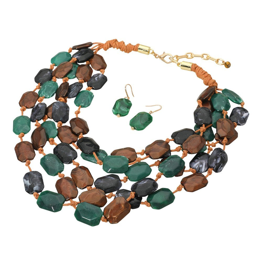 Boho Multi Layer Beaded Statement Necklace & Earrings Set Green Brown 23"