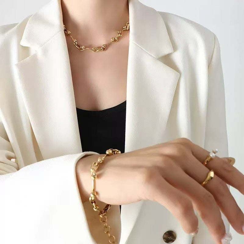 Gold Tone Wavy Ball Link Necklace Bracelet Set Stainless Steel Jewelry