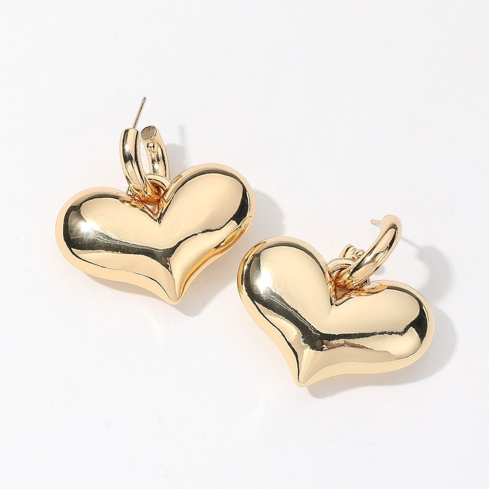Elegant 14K Gold Dipped Puffy Heart Hoop Drop Earrings Romantic Jewelry