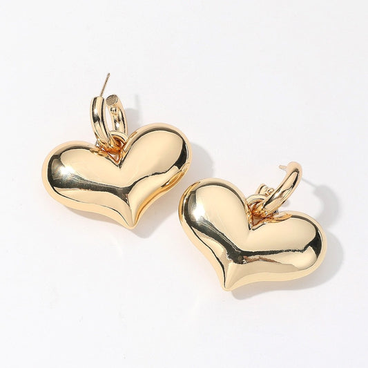 Elegant 14K Gold Dipped Puffy Heart Hoop Drop Earrings Romantic Jewelry
