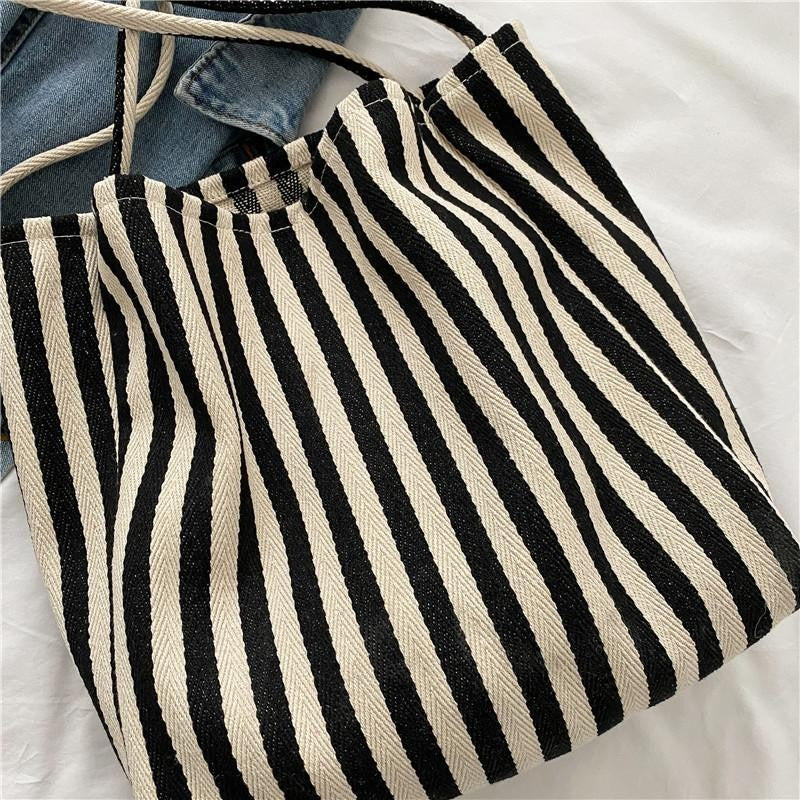Women’s Striped Canvas Tote Bag Large Beach Travel Shopping Shoulder Purse