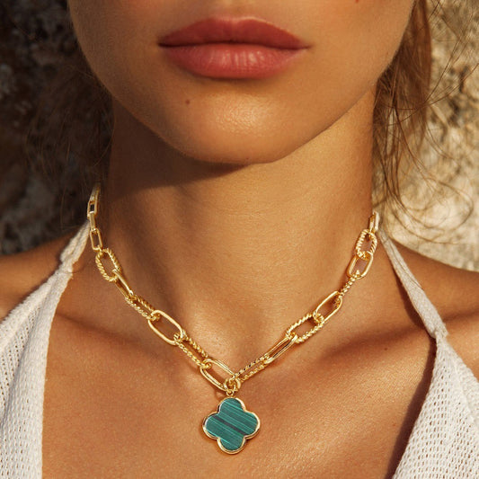 Gold Dipped Quatrefoil Pendant Necklace with Green Stone Accent