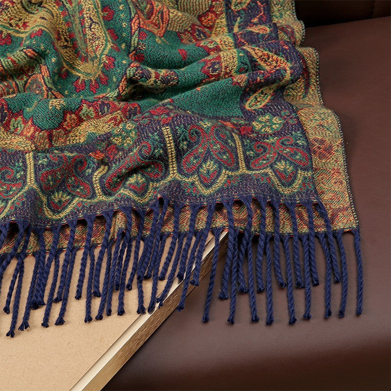 Vintage Paisley Shawl Scarf Wrap Winter Tapestry Fringe Boho Green Red Gift