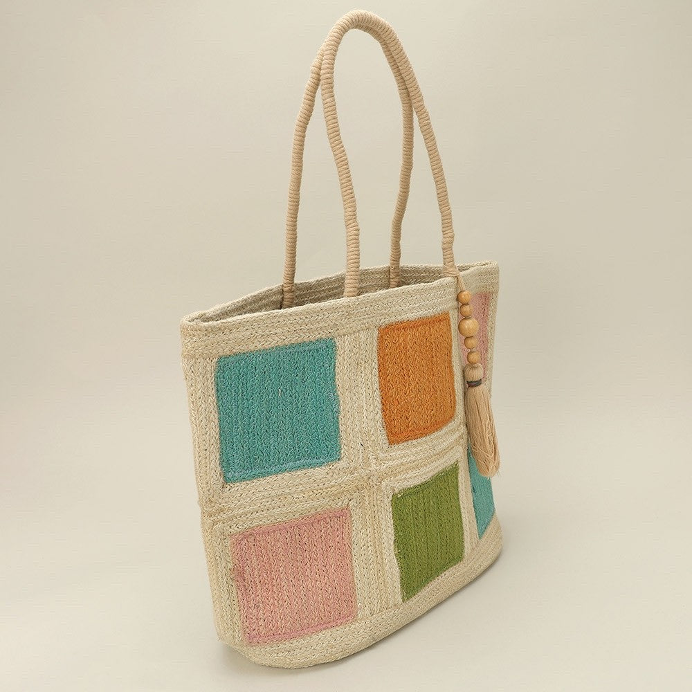 Colorful Block Woven Jute Tote Bag with Tassel Detail and Rope Top Handles