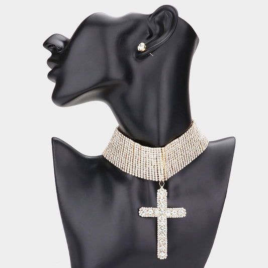 Dazzling Gold Rhinestone Wide Choker Necklace with Large Cross Pendant Earrings