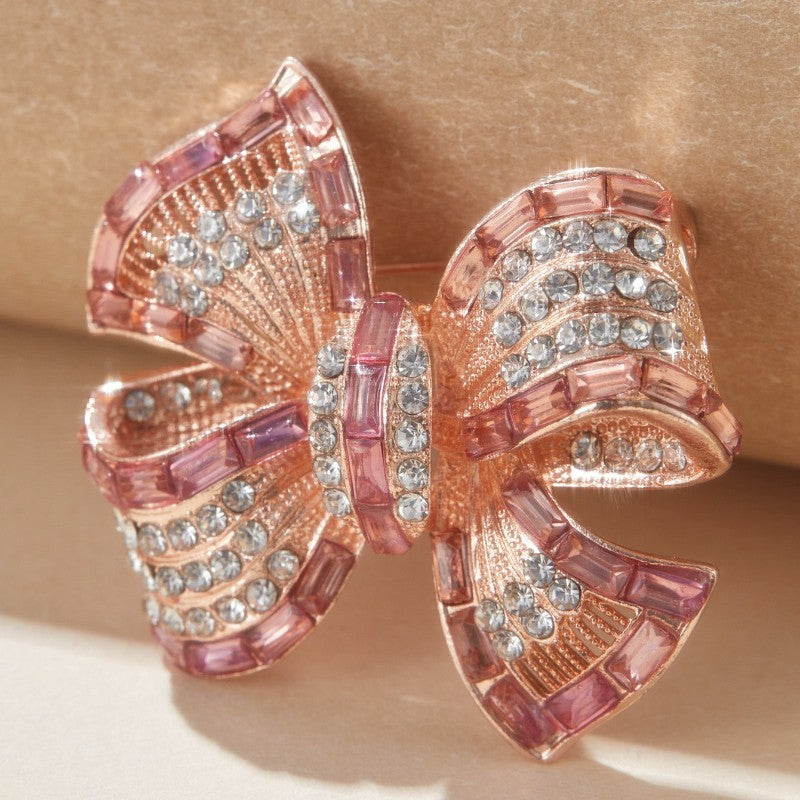 2pcs Sparkling Rhinestone Bow Brooch Pin Set Blue Pink Silver Tone Fashion