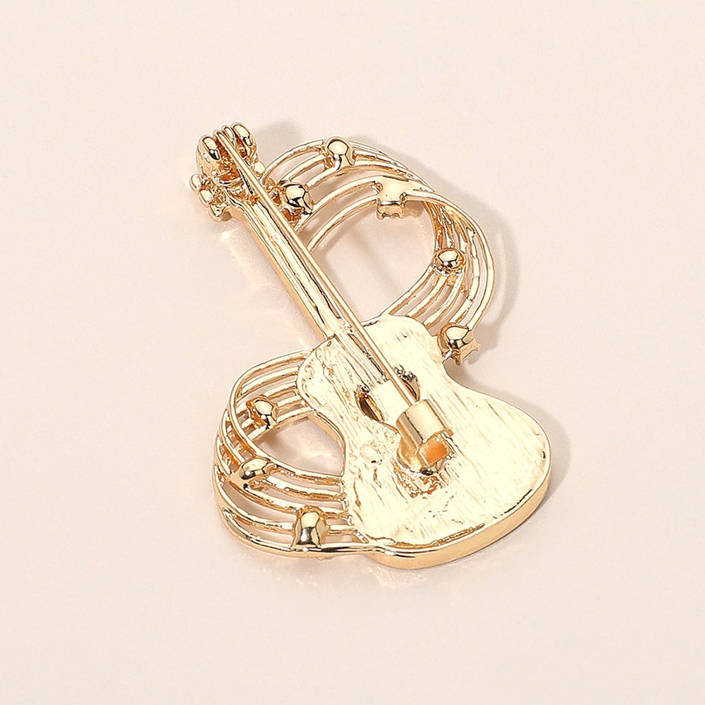 Gold Crystal Guitar Brooch Pin Musical Note Accent Musician Gift Women Jewelry