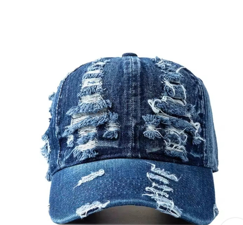 Distressed Ripped Denim Baseball Cap Deep Blue Dad Hat Adjustable Unisex