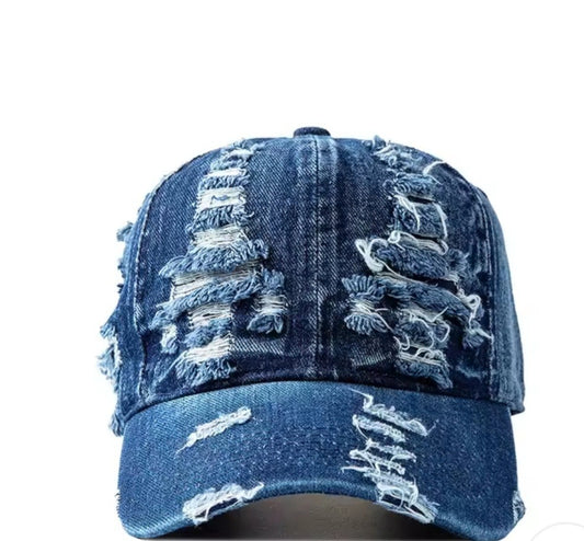 Distressed Ripped Denim Baseball Cap Deep Blue Dad Hat Adjustable Unisex