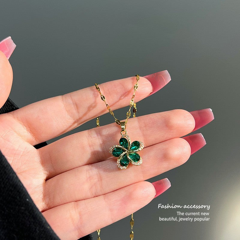Gold Plated Floral Necklace with Green Crystal Stone and White Rhinestones