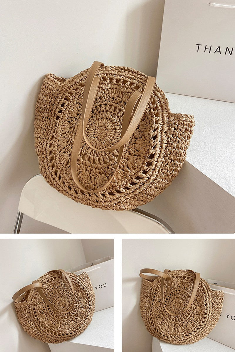 Woven Straw Shoulder Bag for Women Summer Rattan Beach Vacation Tote Brown