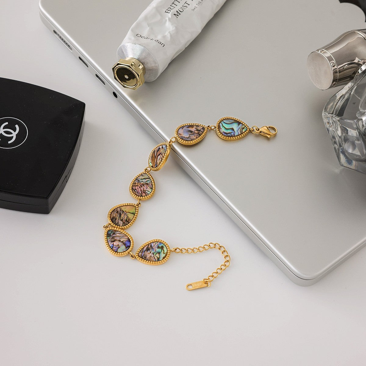 Waterproof Gold Stainless Steel Abalone Shell Teardrop Link Bracelet Womens