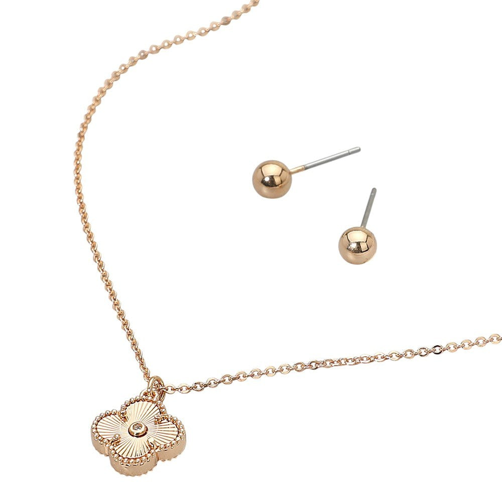 Chic Clover Necklace & Stud Earrings Set Rose Gold Tone Women's Jewelry Gift