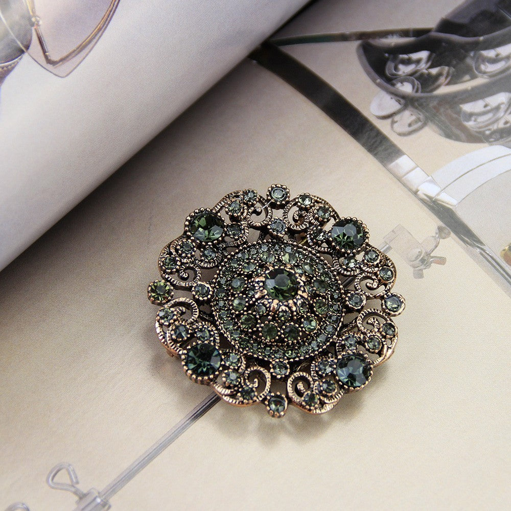 2PCS Antique Gold Dark Green Rhinestone Crystal Brooch Pin Set Vintage Style