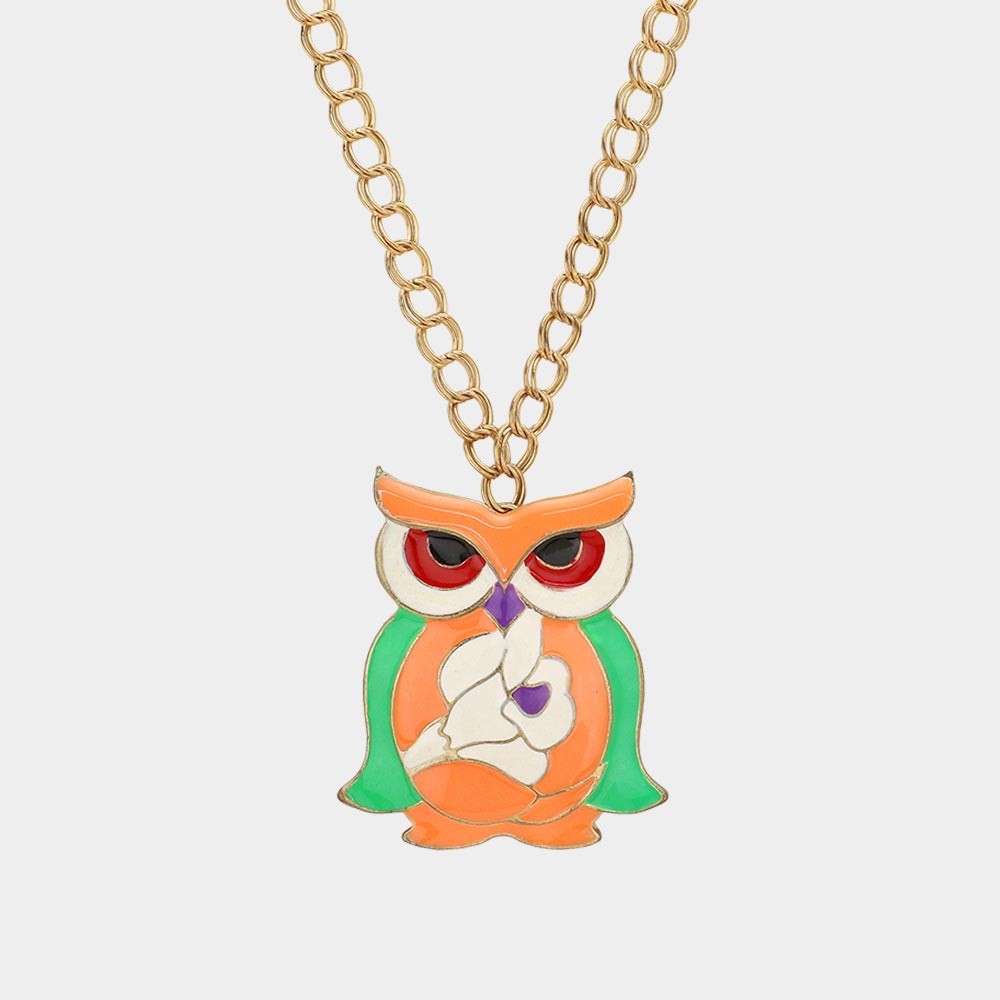Colorful Enamel Owl Bird Pendant Long Gold Chain Whimsical Statement Necklace