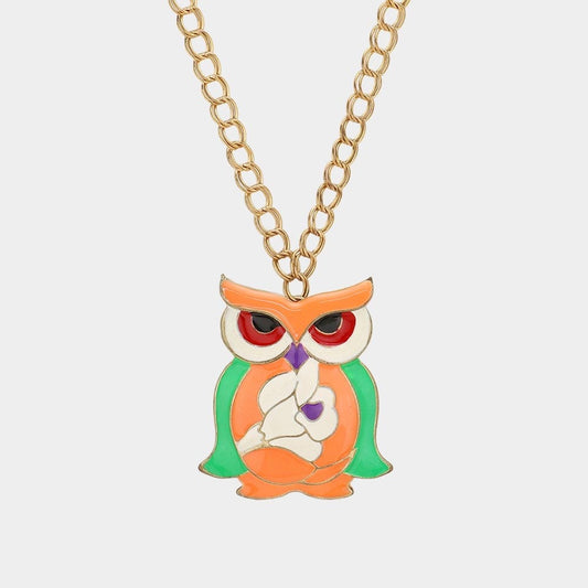 Colorful Enamel Owl Bird Pendant Long Gold Chain Whimsical Statement Necklace