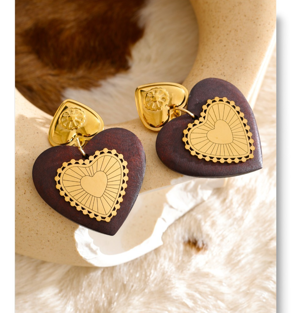 Wood Heart Dangle Earrings 18K Gold Plated Stainless Steel Drop