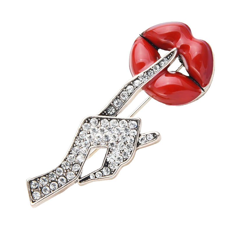 Red Lips Brooch Pin Shhh Finger Crystal Rhinestone Jewelry Statement Gift